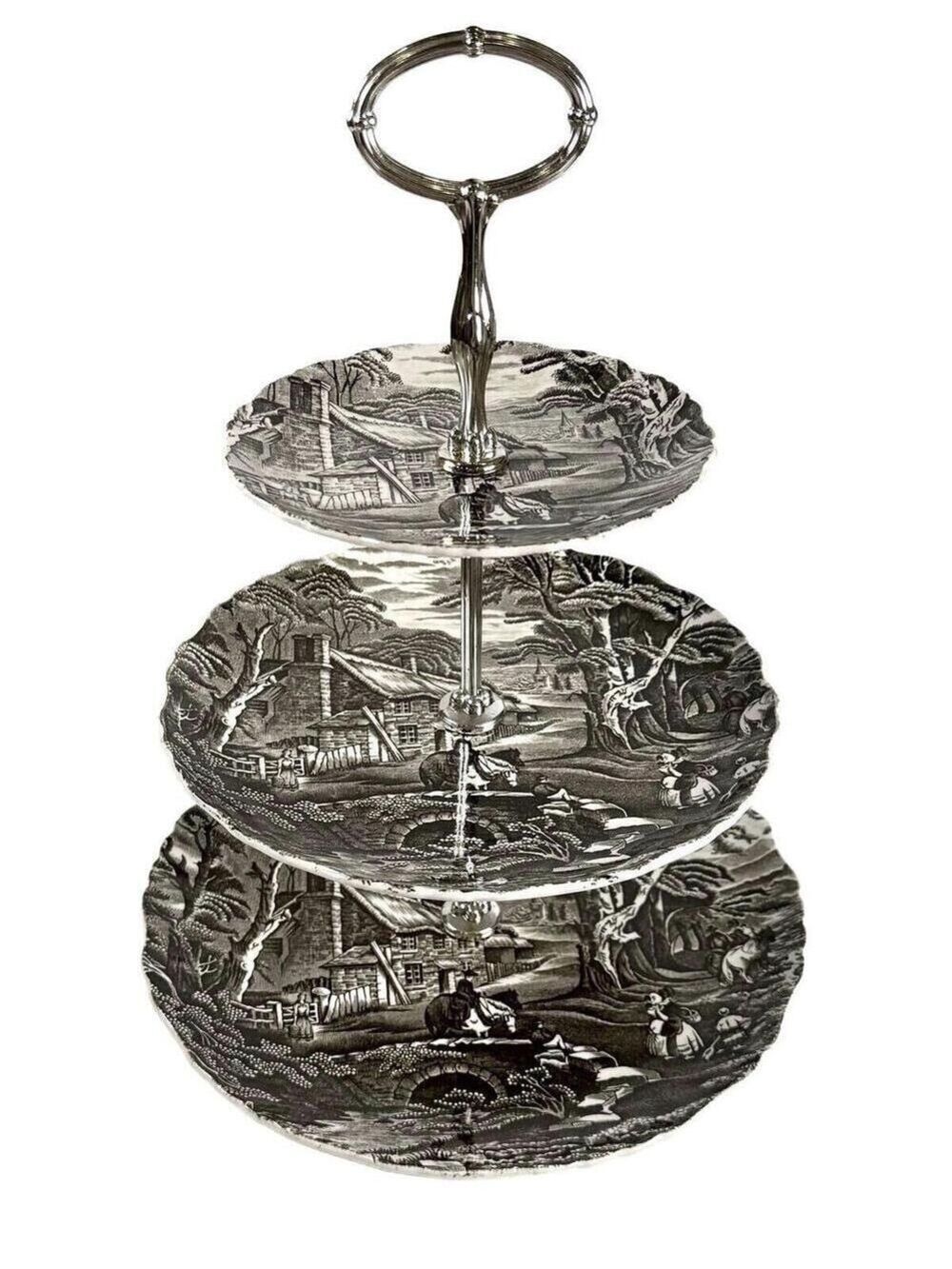 Rare Vintage Old Foley James Kent 3-Tier Cake Stand Hand Engraved Rural England